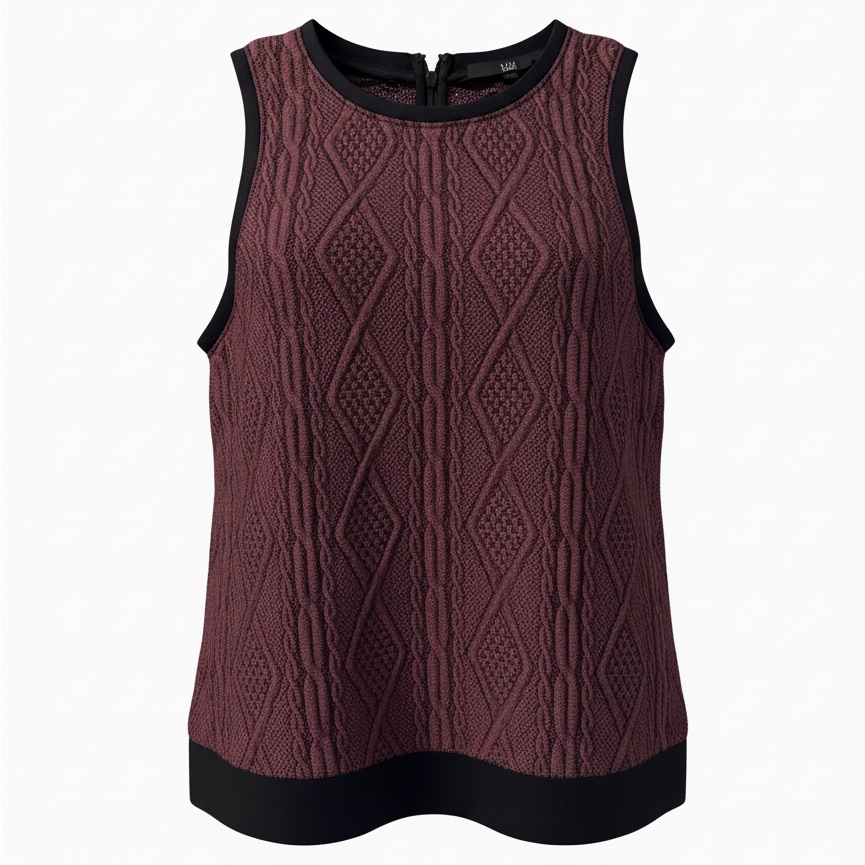 Tibi Burgundy Cable-Knit Sleeveless Tank With Black Trim